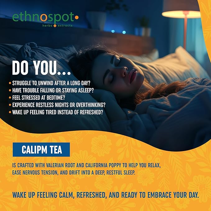 CaliPM Teabags - Natural Sleep Tea with California Poppy & Valerian Root, Herbal Tea for Relaxation & Discomfort Relief, Unsweetened & Vegan, Melatonin-Free, 100% Natural Ingredients - 2 Gram Teabags - 32 Teabags - Bloomnest