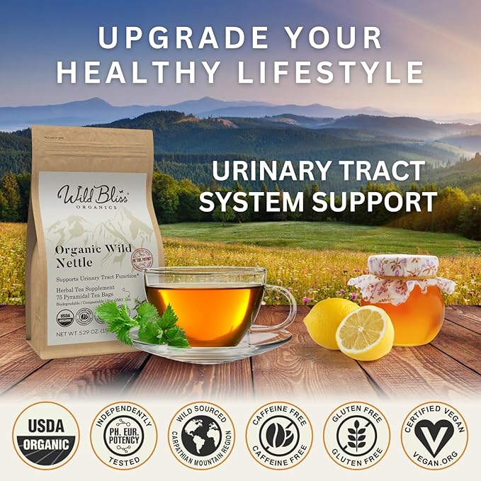 Wild Bliss Organic Wild Stinging Nettle Leaf Tea - Caffeine Free Urinary Tract and Joint Health Herbal Support - Pharmacopoeia Potency - 75 Plant Based Tea Bags - Bloomnest