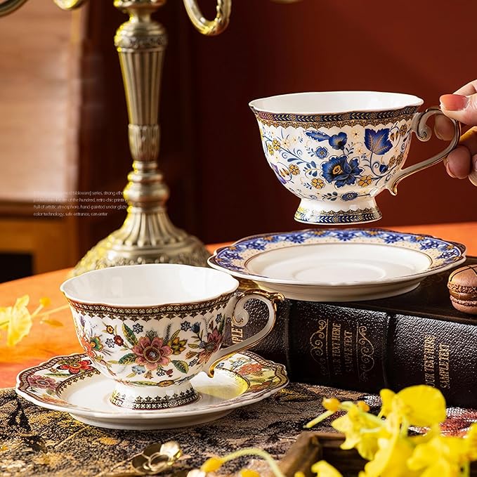 ACMLIFE Bone China Tea Cup and Saucer Set for 1, Vintage Floral Tea Cup with Saucer, Spoon and Gift Box, 6.8 oz (Pink-A) - Bloomnest