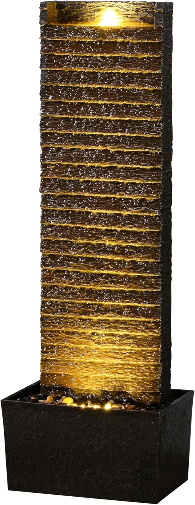 Indoor/Outdoor Water Fountain with LED Lights – Vintage Rock Design and Relaxing Waterfall Feature for Home, Garden, or Office (Straight Slate Stone)