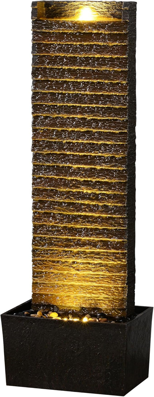 Indoor/Outdoor Water Fountain with LED Lights – Vintage Rock Design and Relaxing Waterfall Feature for Home, Garden, or Office (Straight Slate Stone)