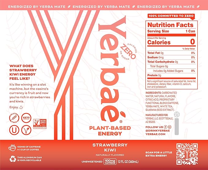 Yerbaé Energy Seltzer - Strawberry Kiwi, No Sugar/Calories/Carbs. Energized by Yerba Mate, Naturally Caffeinated Plant-Based, Healthy Alternative to Coffee/Sugary Sodas, Pack of 12, 12oz cans - Bloomnest