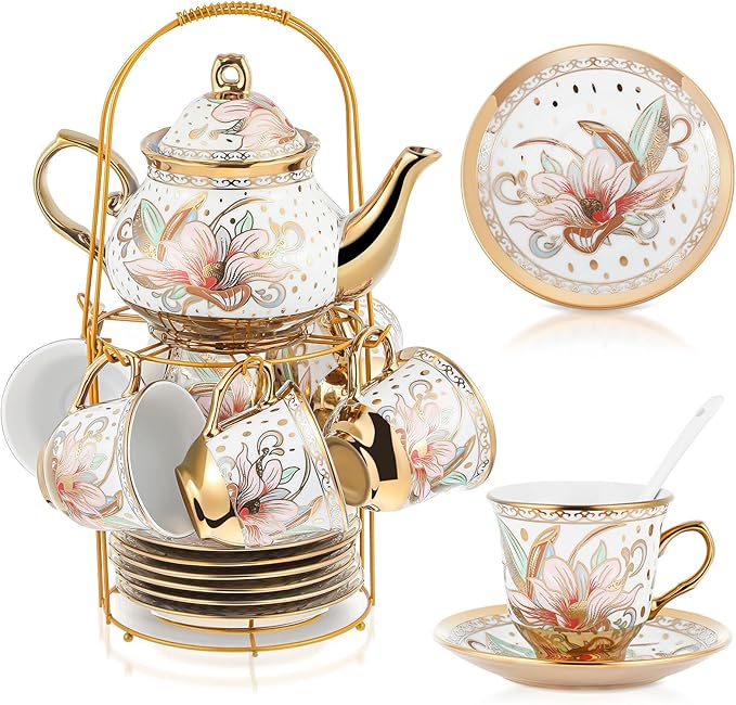 Zhehao 20 Pcs Porcelain Tea Set with Metal Holder and Spoon Adult Ceramic Tea Set European Flower Painting Teapot Cup Saucer Spoon for Women, Large Version(Traditional Style) - Bloomnest