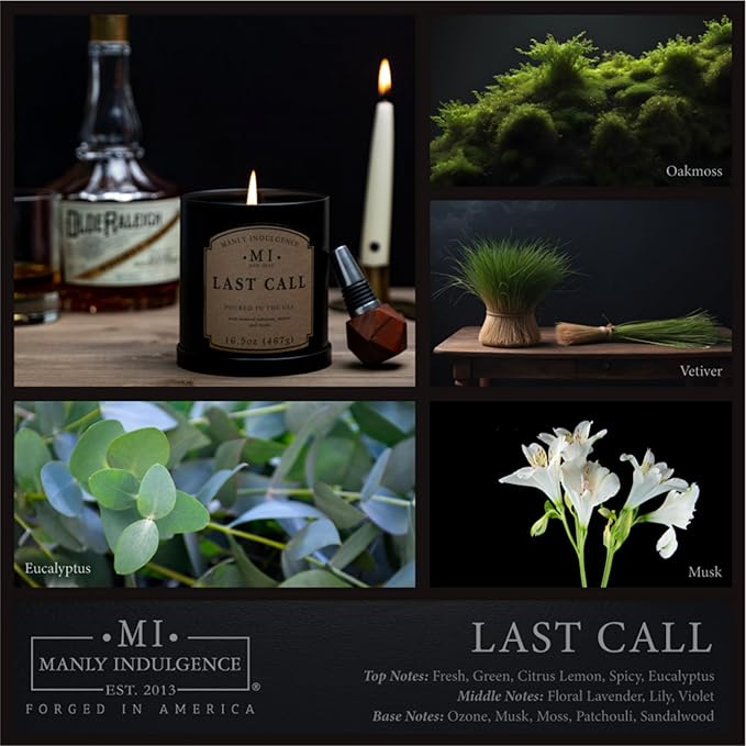 Manly Indulgence Last Call Scented Candles for Men, 16.5 oz Single Wick, Premium Soy Blend Wax, 60H Burn, Candles for Home Scented – Made in The USA - Bloomnest