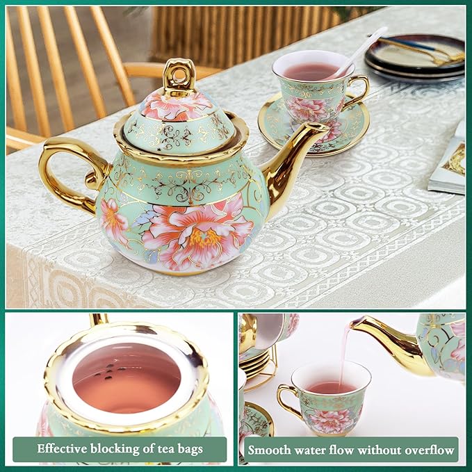 20 Pcs Porcelain Tea Set with Metal Holder, Adult Tea Set Gift, European Ceramic Tea Set for Adults, Flower Tea Cup Saucer Set for Party With Gold Flower Painting (Fresh Green) - Bloomnest