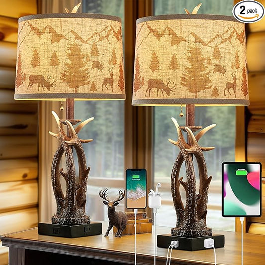 Farmhouse Deer Antler Table Lamps Set of 2 Rustic Western Bedside Lamp with USB A+C & Outlet for Log Cabin Bedroom Hunting Themed Living Room End Table Country Home decor,Deer Print Linen Fabric Shade - Bloomnest