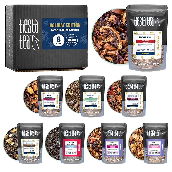 Tiesta Tea - Holiday Tea Sampler Dry Flight Set, Loose Leaf, High to No Caffeine Hot & Iced, Premium Brew Sample with Black, Herbal, Fruit & Hibiscus Blends, 8 Resealable Sample Pouches - Bloomnest