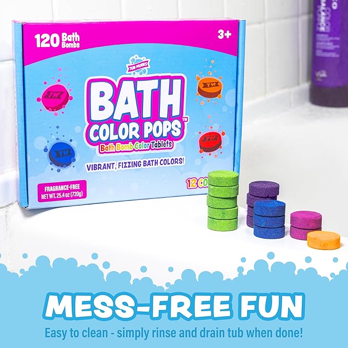 Tub Works® Bath Color Pops™ Moisturizing Kids Bath Bombs, 120 Count | Bath Bomb Refills for Bath Color Brush | Nontoxic & Fragrance-Free | 12 Unique Colors | Fizzy, Vibrant Water Color Tablets - Bloomnest