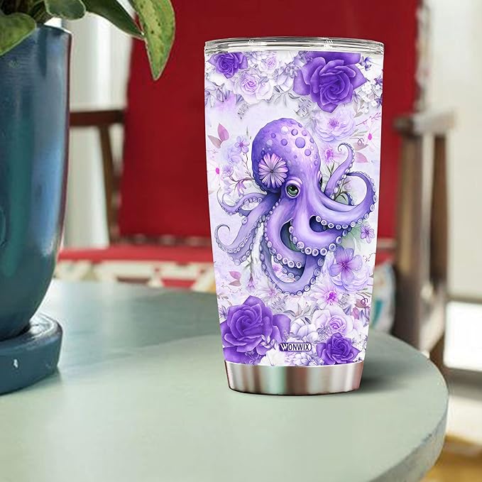 Personalized Octopus Tumbler Customized Name Water Bottle Mugs Gift For Women Fan Custom Purple Octopuses Birthday Christmas Valentine Day Insulated Stainless Steel Coffee Cup with Lid - Bloomnest