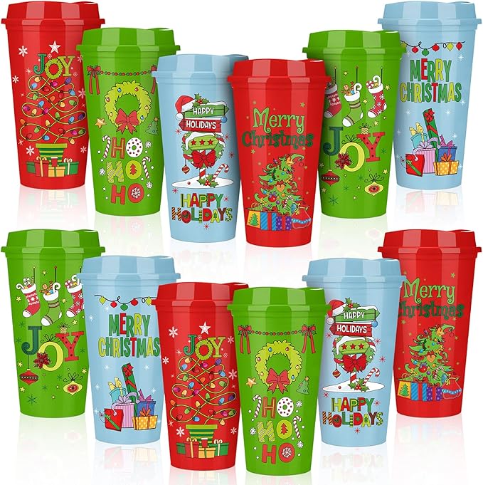 Pickmesh 12 Pack Christmas Coffee Cups Gifts Bulk 16 oz Reusable Coffee Cup Tumblers with Lid Plastic Cups Travel Mug Thank You Gifts for Women Coworkers Holiday Drinks - Bloomnest
