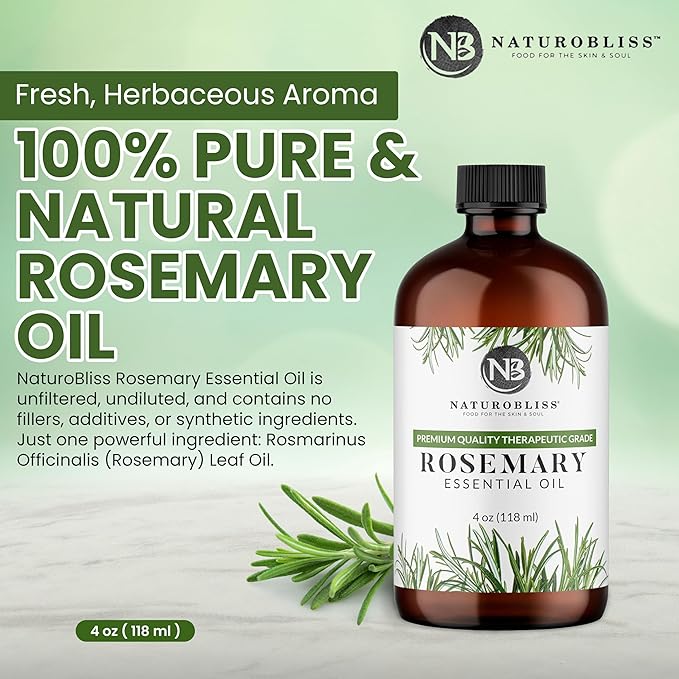 NaturoBliss 100% Pure Rosemary Essential Oil Therapeutic Grade Premium Quality (4 fl. oz) with Glass Dropper, Perfect for Aromatherapy - Bloomnest
