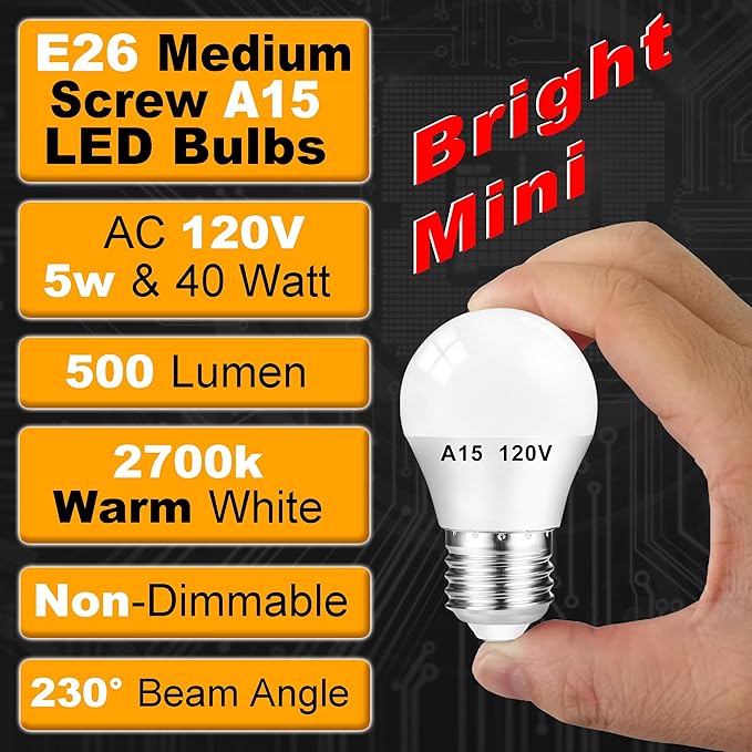 5W 120V A15 LED Nightlight Bulb 2700K Soft Warm White 40Watt Equivalent E26 Medium Base LED Energy Saving Household Bulbs for Bedroom Living Room Patio Porch Ceiling Fan Lighting, Non-Dimmable, 2 Pack - Bloomnest