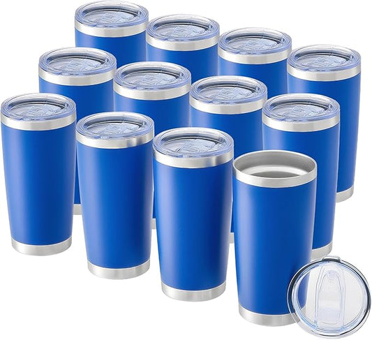 OMTech 20oz Tumblers Bulk, 12pc Stainless Steel Tumbler Set with Lid & Straw, Double Wall Vacuum Insulated Mug for Laser Engraver, Travel Coffee Mug for Hot & Cold Drinks, Navy Blue Powder Coated Cup - Bloomnest