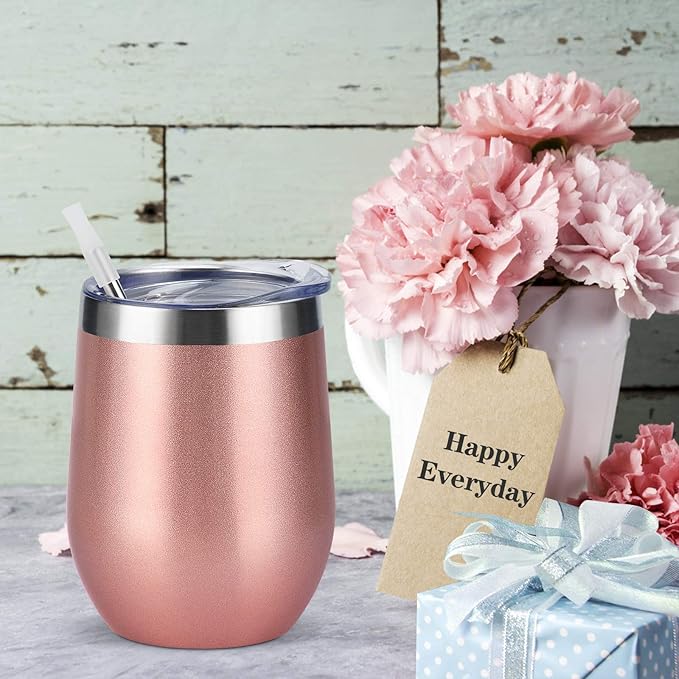 6 Pack Stainless Steel Wine Tumblers, 12Oz Insulated Wine Tumbler, Double Wall Insulated Wine Glass, Stainless Steel Stemless Wine Cups with Lids for Coffee, Wine, Cocktails, Champaign, Rose Gold… - Bloomnest