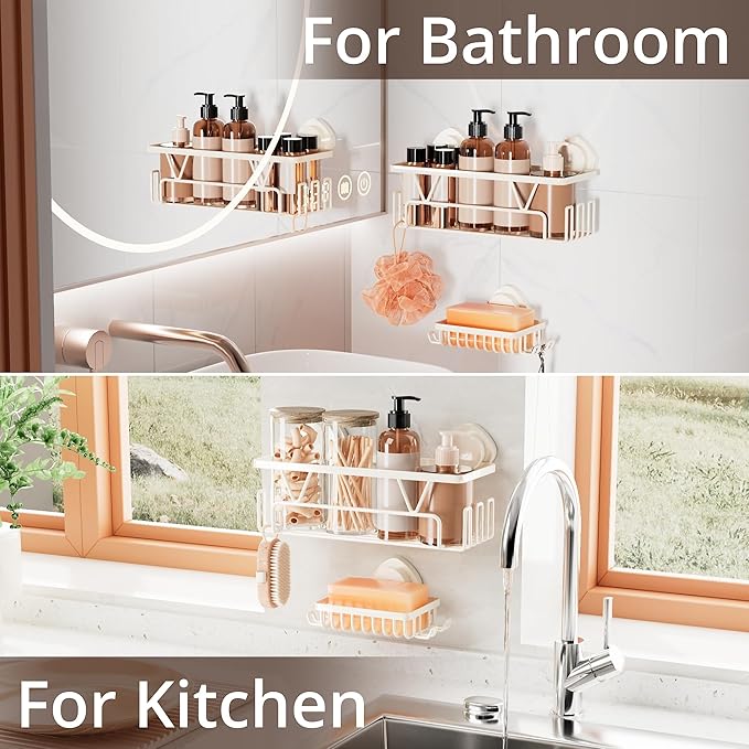 KEGII Suction Cup Shower Caddy, 2 Pack Shower Suction Shelf with Soap Holder & Hooks, No Drilling Bathroom Organizer, Stainless Steel Shampoo Holder for Bathroom Storage Basket, Cream White - Bloomnest