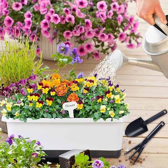 Window Box Planter 6 Pcs, 18 Inches Rectangle Flower Pots with Drainage Holes and Trays, Vegetable Planters for Windowsill Patio Garden Balcony Home Porch Yard Indoor Outdoor (White, 18*10*6 inch) - Bloomnest
