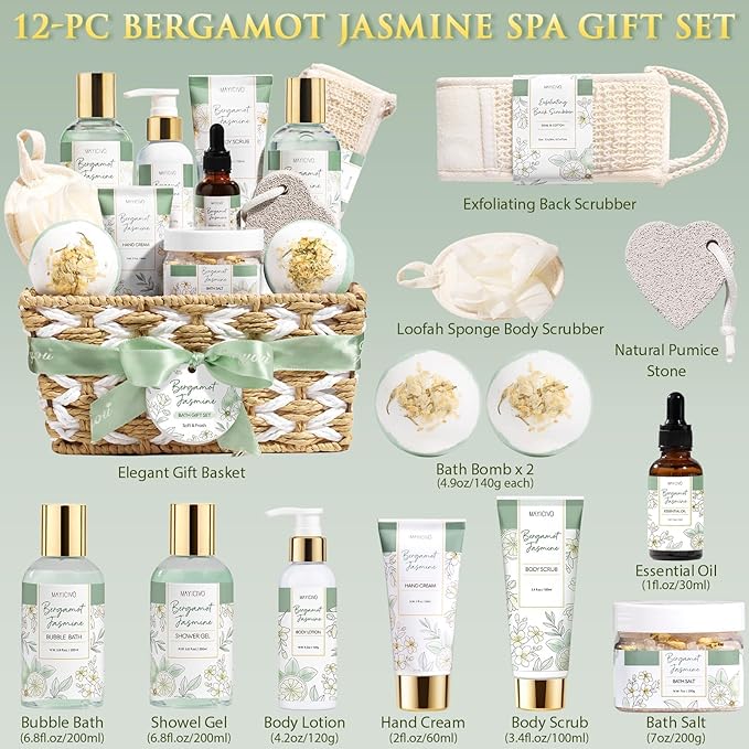 Birthday Gifts for Women, Bergamot Jasmine Relaxing Spa Gift Baskets for Women Self Care Package Bath Gift Set, Home Bath and Body Kit Pampering Valentines Day Gifts for Her Womens Mom Friends Sister - Bloomnest
