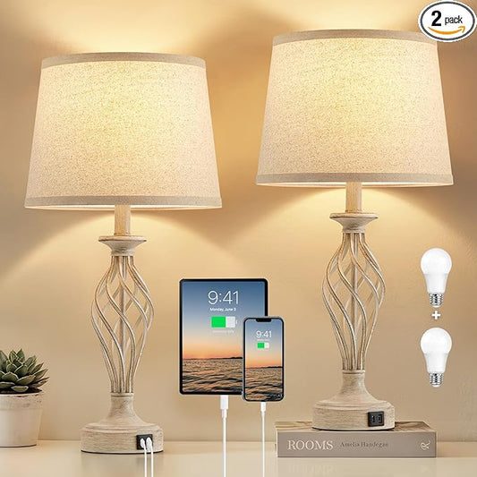 Bedside Table Lamp for Bedroom Set of 2 - Beige Nightstand Lamps with USB C+A Ports,Rustic Distressed Farmhouse Bedroom Lamp - Lamp for Living Room Reading Bed Side End Table Bulbs Included - Bloomnest