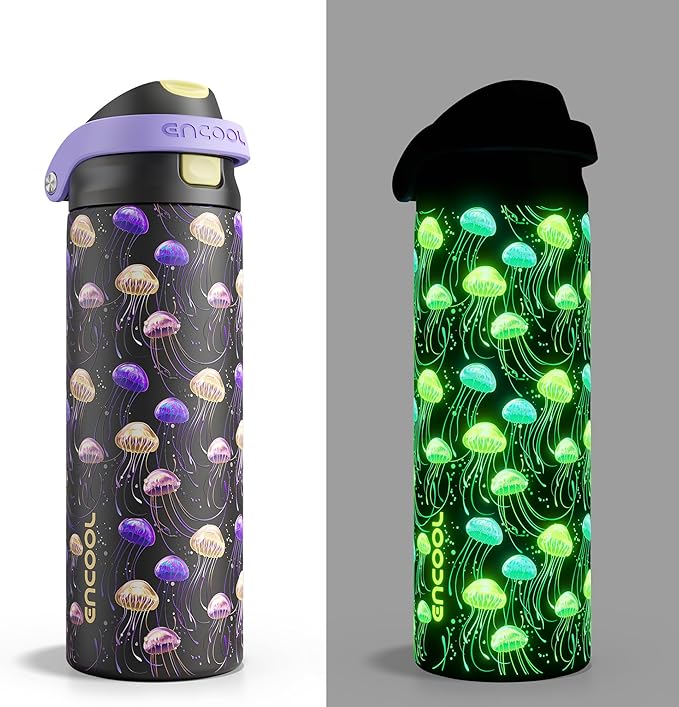 ENCOOL Leakproof Insulated Water Bottle with Straw Dual-Sip Water Bottle Bag-Safe Design for Work, Commute & Gym – Keeps Drinks Cold All Day, 24 oz, Neon Jellyfish ENCOOL