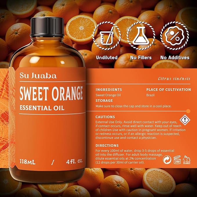 SU JUABA Orange Essential Oil 4 Fl Oz, 100% Pure Natural for Mood Boost, Diffuser, Skin Care, Aromatherapy- 118ML Bloomnest