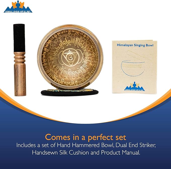 Tibetan Singing Bowl Set 4.2 inch with Holy Buddhist Mantra and Sacred Third Eye Symbol from Nepal~ Antique design suitable for Yoga, Meditation, Sound Healing & Chakra Balancing~ (4.2 Third EYE)
