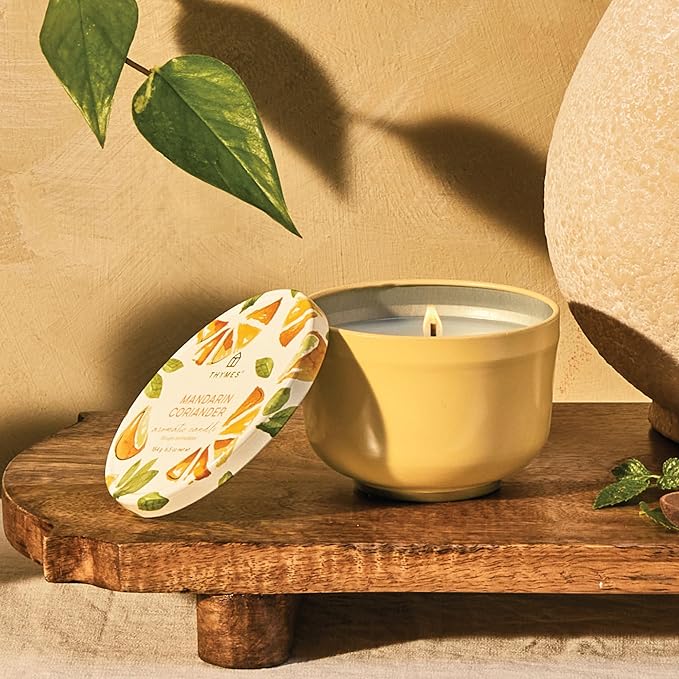 Thymes Scented Candles for Women & Men – Tin with Lid – Luxury Home Decor – Citrus Candle with Notes of Mandarin Oil, Coriander, Grapefruit, Lemon Balm & Green Ivy (Mandarin Coriander, 6.5 oz) - Bloomnest