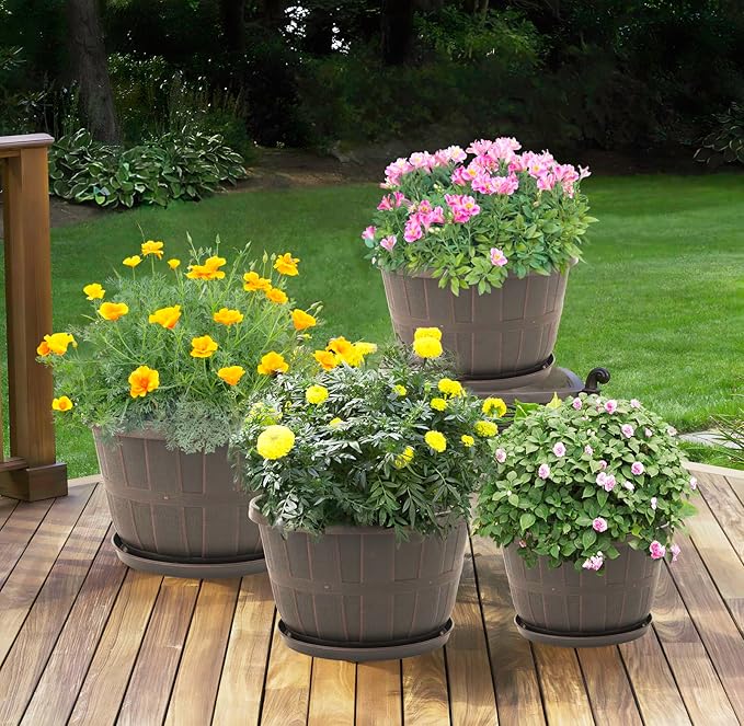 Quarut 10 inch Plastic Flower Pots for Outdoor Plants，4 Pack Large Outdoor Planter Pot with Drainage Holes & Saucers，Imitation Wine Barrel Design，for Indoor Outdoor Garden Plants（Brown） - Bloomnest