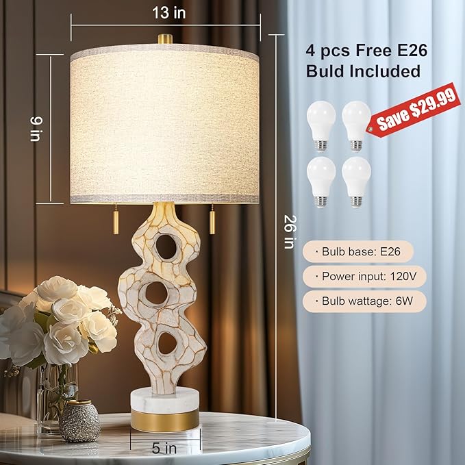 Scenekoy Sculptural Table Lamp Set of 2 for Bedroom, 26” Farmhouse Bedside Lamps for Living Room, Rustic Linen Shade Night Stand Lamp Marble Base with USB Ports for Home Decor (E26 Bulbs Included) - Bloomnest