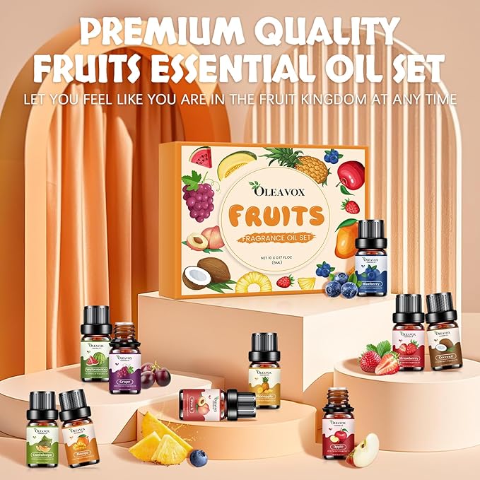 Fruity Essential Oils Gift Set, Premium Fragrance Oil for Candle & Soap Making, Coconut, Strawberry, Pineapple, Mango, Peach, Apple,10x5ml Fruit Aromatherapy Diffuser Oils for Home - Bloomnest