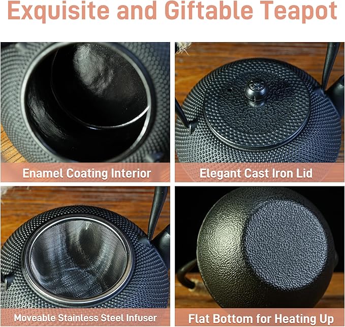 Small Tea Kettle, 40oz Tea Pot, Japanese Tetsubin, Cast Iron Teapot with Infuser for Stovetop Safe Coated with Enameled Interior (Black, 1200ml) - Bloomnest