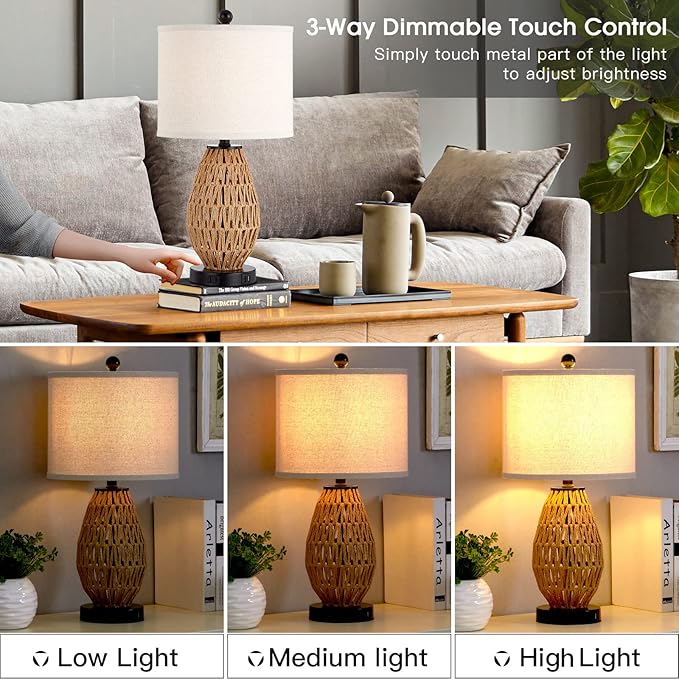 Touch Control Rattan Table Lamps, 3 Way Dimmable Bedside Lamps for Bedroom Set of 2 with 2 USB Ports and AC Outlet, Wicker Nightstand Lamps for Living Room (LED Bulbs Included) - Bloomnest