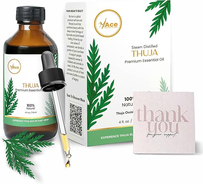 My Ace Pure & Natural Thuja Essential Oil – Steam-Distilled Thuja Orientalis | 100% Natural Oil for Diffuser, Aromatherapy, Skin & Hair Care, Massage, Soap & Candle Making – 4 fl oz with Dropper MyAce