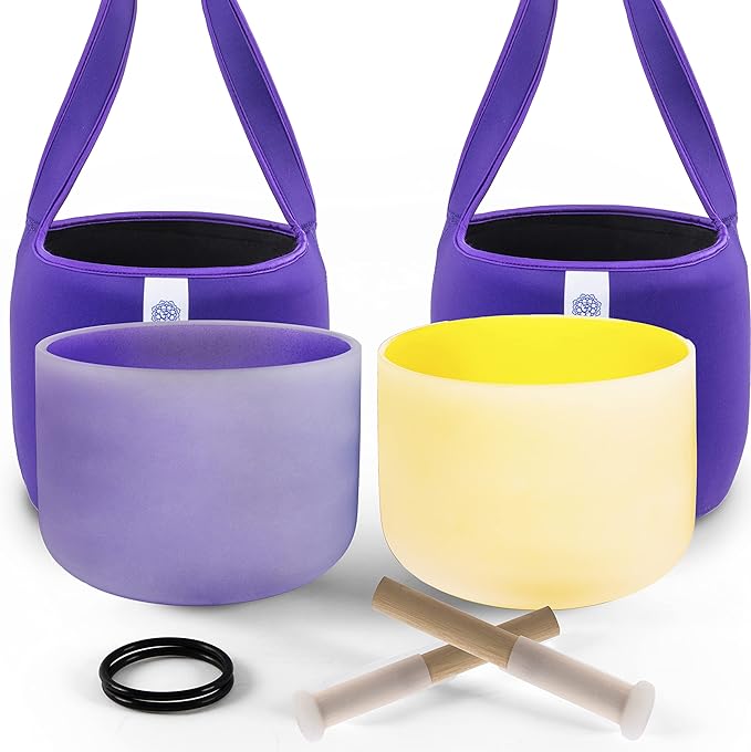FMTY 10inch Crystal Singing Bowls set prefect pitch(±10HZ) Yellow(Solar Plexus)+ Purple(Crown) with Soft Carrying Bag Sound Bowls Chakra Bowl