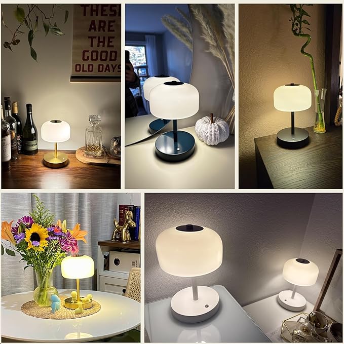 Oneach 2 Pack Cordless Table Lamps, 9" Portable Rechargeable Battery Powered Desk Lamp, Opal Glass Shade, 3 Level Brightness Dimmable, Mushroom Table Lamps for Bedroom, Living Room, Outdoor, Black - Bloomnest