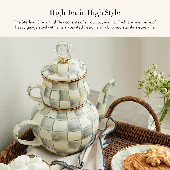 MACKENZIE-CHILDS Enamel High-Tea Teapot, Cup, and Lid, Cute Teapot and Teacup Combo, Gray-and-White Sterling Check - Bloomnest