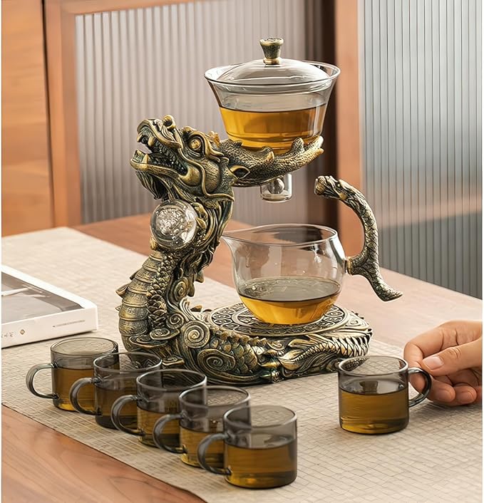 Dragon Lazy Tea Set, Semi Automatic Dragon Tea Set, Glass Magnetic Teapot Set with Infuser, Semi Automatic Tea Drip Pot Set for father's birthday, Christmas gift