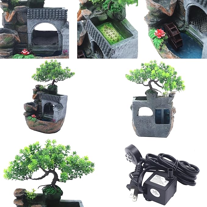 11" Desktop Fountain Rock Waterfall Humidifier with Artificial Tree &LED Light, Tabletop Water Fountains Indoor Fake Plant Bonsai Tree Feng Shui Decoration for Aquariums Office Bedroom Home Décor - Bloomnest