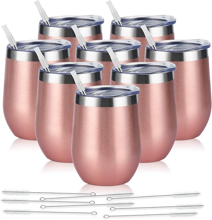 8 Pack 12Oz Stainless Steel Wine Tumblers, Insulated Wine Tumbler, Double Wall Insulated Wine Glass, Stainless Steel Stemless Wine Cups with Lids for Coffee, Wine, Cocktails, Champaign, Rose Gold - Bloomnest
