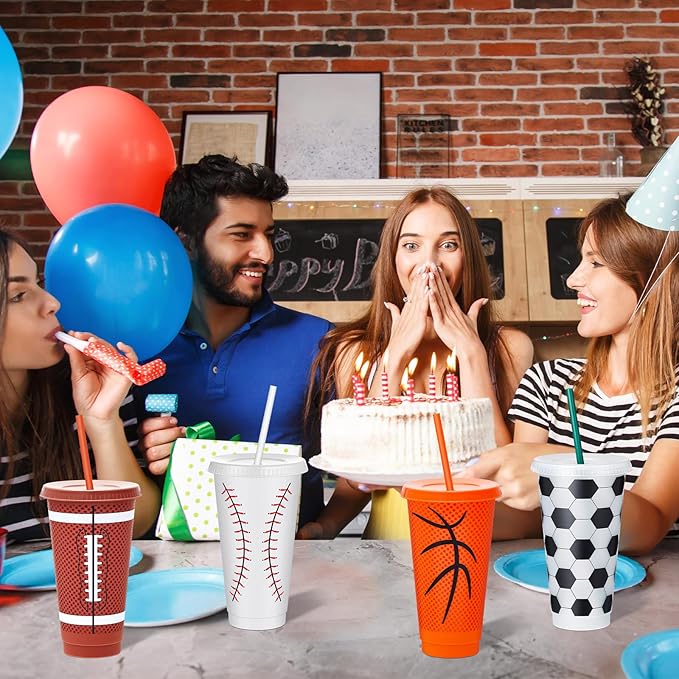 12 Pcs Sports Themed Party Decorations Cups 24 oz Plastic Tumbler with Lid and Straw Reusable Cups Gifts Sports Birthday Decorations for Coach Boyfriend Party Favors - Bloomnest