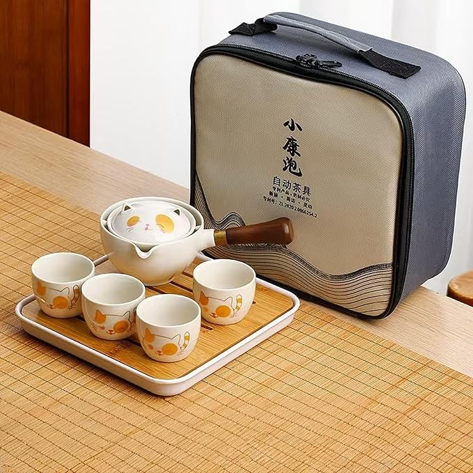 Ceramic Portable Travel Tea Set, Chinese Kungfu Tea Set with 360 Rotation Teapot and Infuser, 4 Tea Cups, Tea Tray And Travel Bag (Cute Cat)