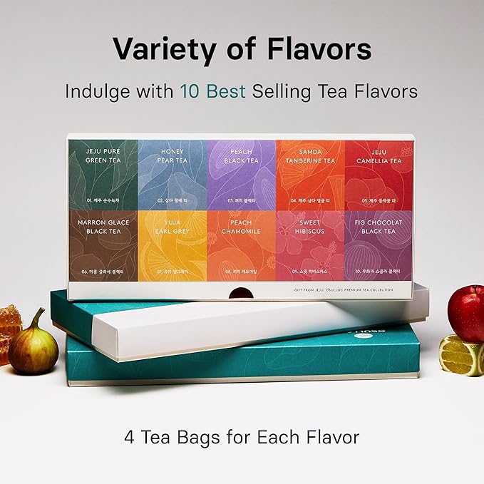 OSULLOC Premium Tea Collection (40 count, 10 flavors x 4 ea), Assorted Tea bag Sampler, Tea Gift sets for Tea lover, Self Care Gift Box, Premium Organic Pure & Blended Tea from Jeju - Bloomnest