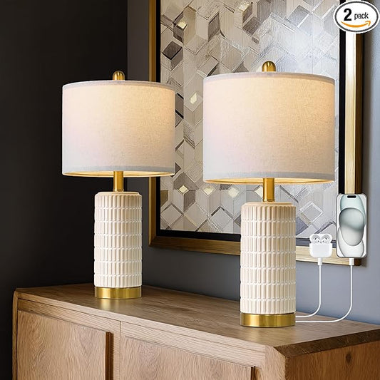 PoKat Small Bedside Table Lamps with USB Ports for Bedroom, 21.5'' White Nightstand Lamps for Night Stands, Modern Ceramic Bedroom Lamps for Living Room End Table, White and Beige - Bloomnest