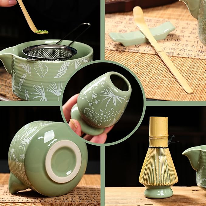 Matcha Bowl and Whisk Set, Ceramic Matcha Set Includes Matcha Bowl with Spout, Whisk & Holder, Bamboo Scoop, Stainless Sifter, Towel, Matcha Kit Making Tools,Light Green,7 PCS - Bloomnest
