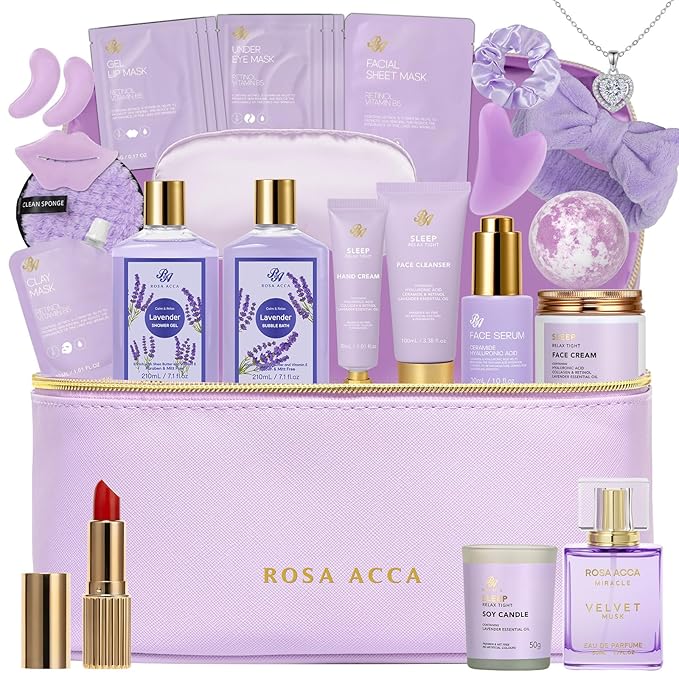 25 Pcs Valentines Day Gifts for Women, Lavender Bath & Body Gift Set, Hydrating Skin Care Set, Self Care Gifts, Face Sheet Mask, Cosmetic Bag, Necklace, Christmas, Birthday, Mothers Day - Bloomnest