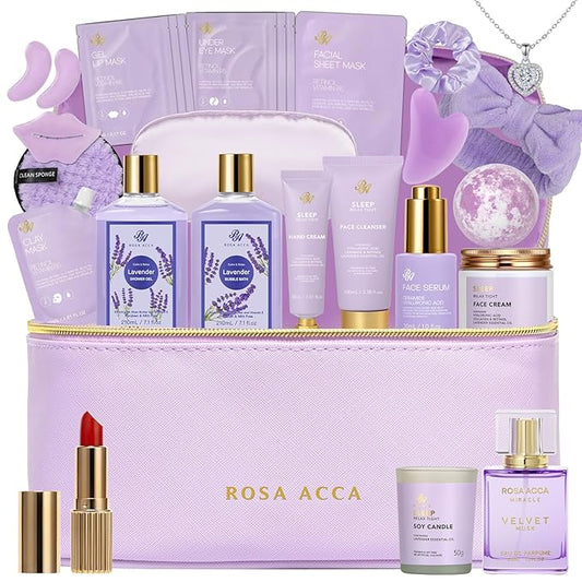 25 Pcs Valentines Day Gifts for Women, Lavender Bath & Body Gift Set, Hydrating Skin Care Set, Self Care Gifts, Face Sheet Mask, Cosmetic Bag, Necklace, Christmas, Birthday, Mothers Day - Bloomnest