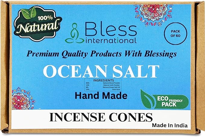 Bless International Ocean-Salt 100%-Natural-Incense-Cones Handmade-Hand-Dipped Organic-Chemicals-Free for-Purification-Relaxation-Positivity-Yoga-Meditation The-Best-scents (60 Count) BlessInternational