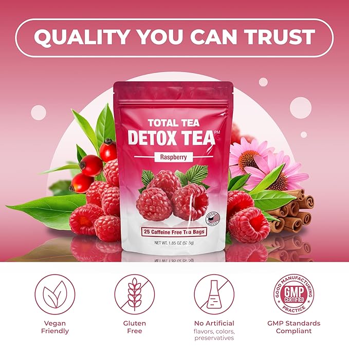 Total Tea SIimming Detox Tea Caffeine Free - 25 Day Detox - Herbal Tea with Chamomile, Hibiscus Tea & Ginger Root for Colon Cleanse – Natural Raspberry Fruit Tea - Bloomnest