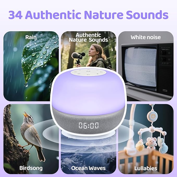 2025 Mom's Choice Awards | Sound Machine Baby White Noise Machine with Sunrise Alarm Clock & App Control – 360° RGB Night Light, Sleep Soother for Adults & Kids, Baby Essentials for Newborns - Bloomnest