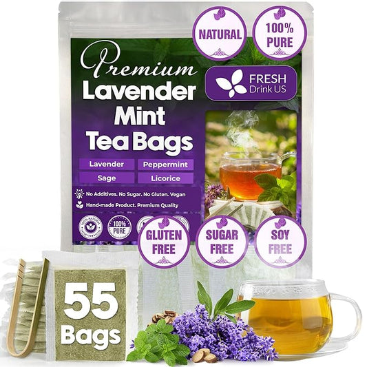 FreshDrinkUS, Premium 55 Tea Bags Lavender Mint Tea, 100% Natural, Blend of Lavender, Peppermint, Sage and Licorice. Made with Natural Material Tea Bags. No Sugar, No Caffeine, Vegan. - Bloomnest