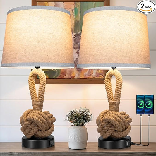 22" Rope Lamps for Night Stands, Bedside Lamps Set of 2, Boho Table Lamps for Living Room End Tables, 3-Color Temperatures Boho Lamp with Rotary Switch, Rattan Lamp with USB Ports, Bulbs Included - Bloomnest